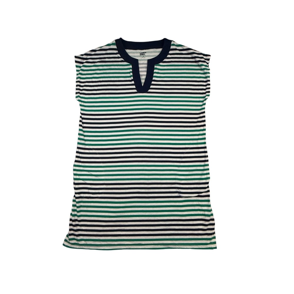 Lands' End Jersey Dress Women Medium Green Striped Cotton Blend V-Neck Pockets